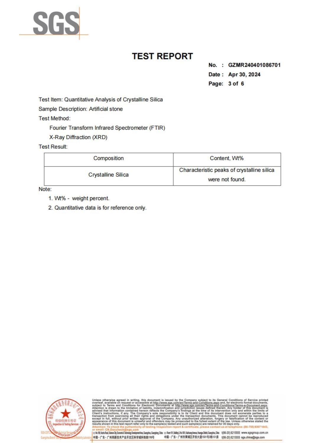  solid surface  free silica test report 
