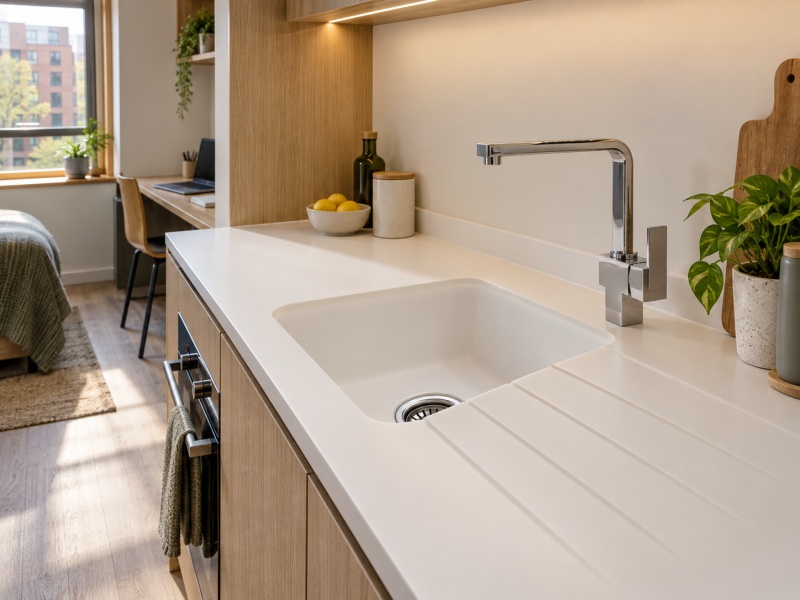 GELO Solid Surface Sinks and Seamless Worktops for a High-End UK Student Accommodation Project